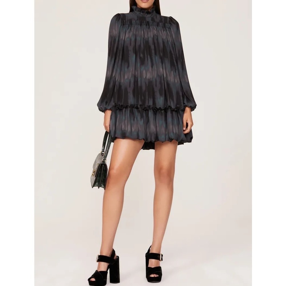 Toccin Tie Dye Ruffle Mini Dress Grey Black Long Sleeve Babydoll Tiered 6 e5